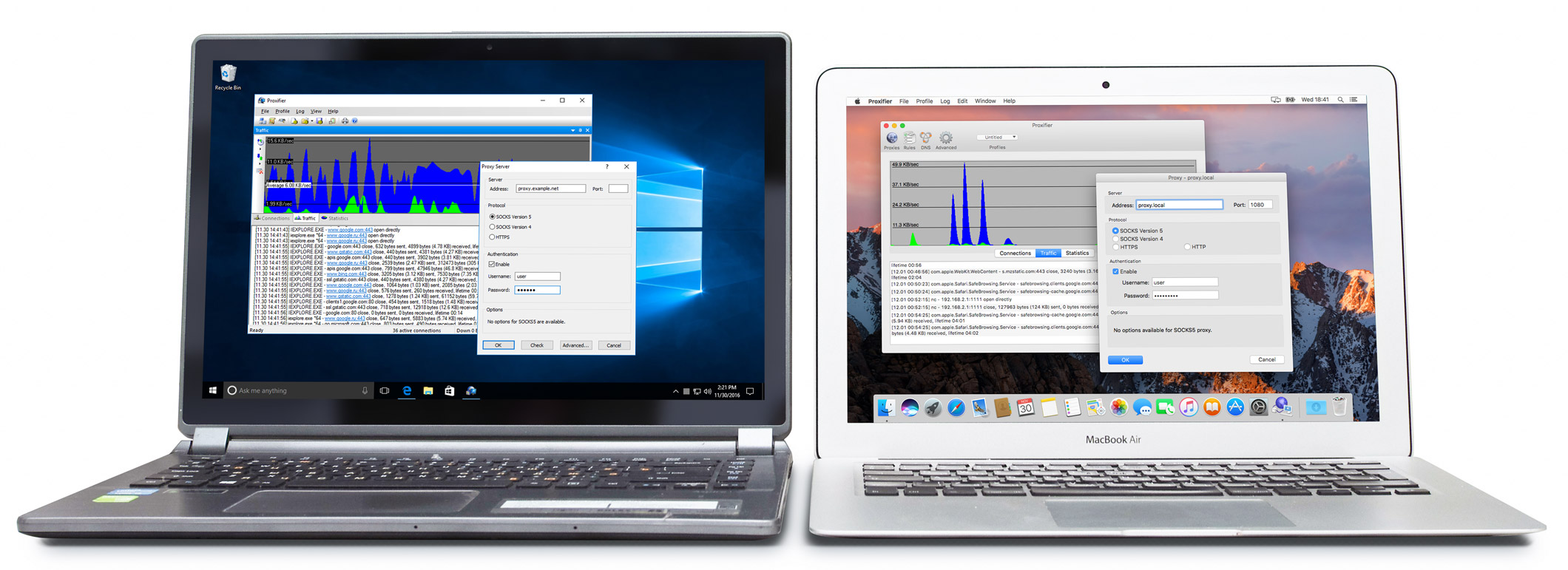 Proxifier running on laptops on Windows and macOS